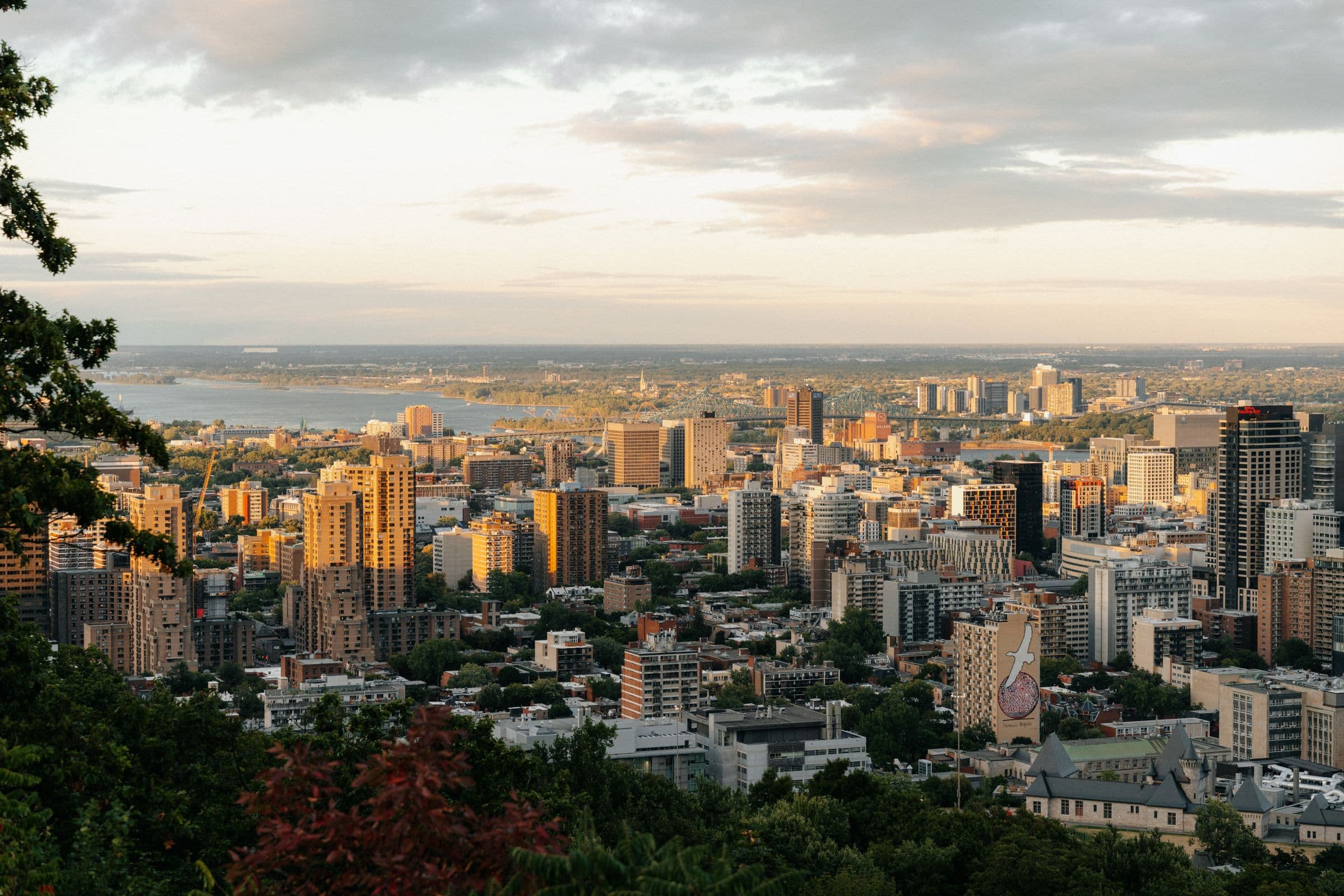 Aerial view of Montréal at sunset